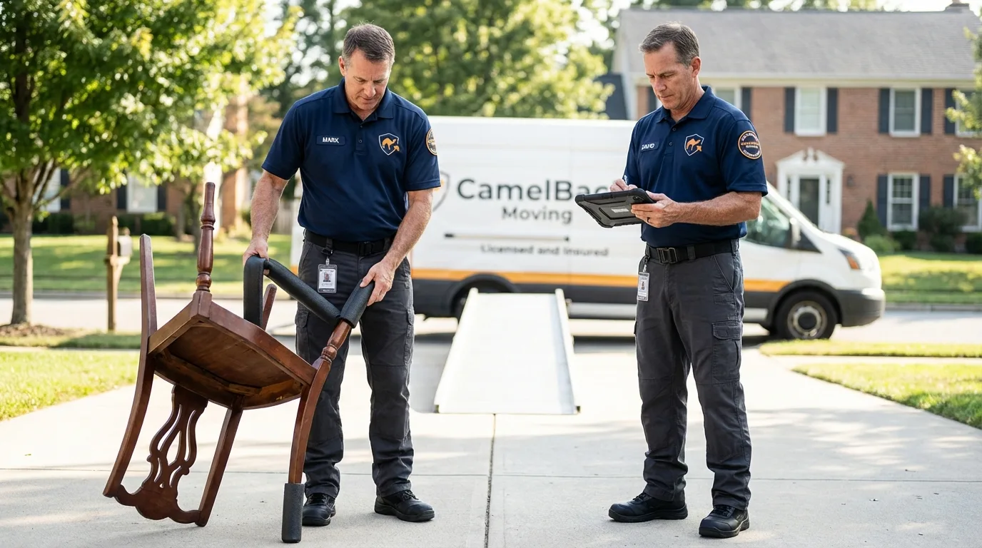 Movers inspecting furniture for damage prevention before loading in Lexington, KY