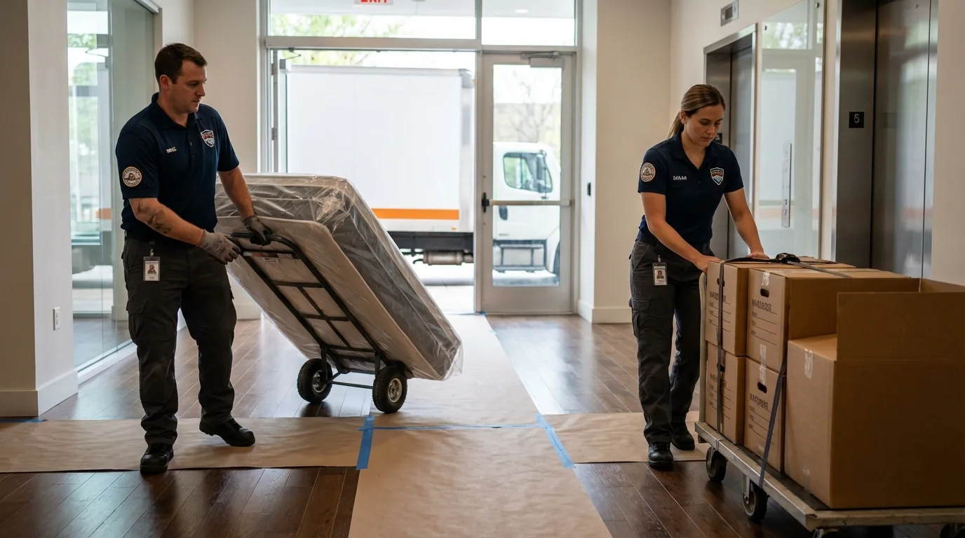 Professional apartment movers loading elevator in Lexington, KY