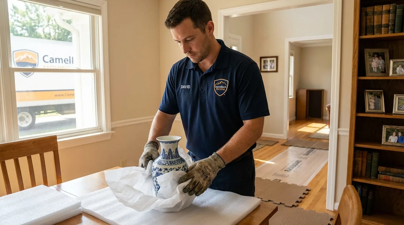 Professional crew carefully wrapping antique vase for senior downsizing move in Lexington, KY